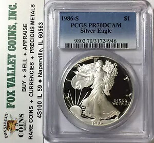 1986-S プルーフ アメリカン シルバー イーグル PR70 DCAM PCGS。 1年生のイーグル！送料無料！