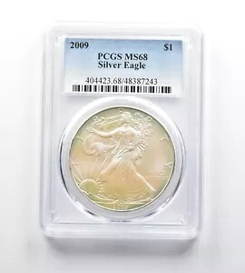 MS68 2009 アメリカン シルバー イーグル PCGS 美しいトーンのピンク/ブルーの光沢 *0125｜WORLD RESOURCE【KING店】