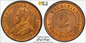モーリシャス、1923 ジョージ 5 世 2 セント、2 セント。 PCGS MS 65 RB。 400,000 ミンテージ。｜WORLD RESOURCE【KING店】