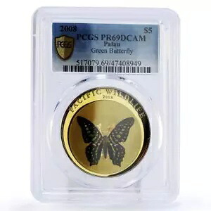 パラオ 5 ドル太平洋野生動物グリーン バタフライ ファウナ PR69 PCGS Ag コイン 2008｜WORLD RESOURCE【KING店】
