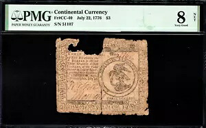 大陸通貨 Fr#CC-40 1776 年 7 月 22 日 $3 PMG 8 *希少発行*