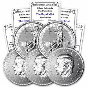 2024 ロット (5) 1 オンス英国銀ブリタニア コイン by Brilliant Uncirculated w