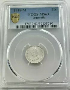 1918-M オーストラリア 3 ペンス - PCGS MS63 - 未処理の白貨 -