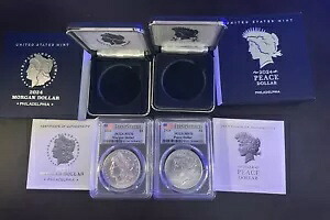 2024-P モーガン & ピース シルバー ダラー (2 コイン セット) ファースト ストライク PCGS w/OGP MS70｜WORLD RESOURCE【KING店】
