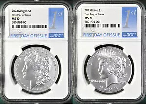2 コイン セット 2023 モルガンとピース シルバー ダラー NGC MS 70 FDOI が最初に手に入る|WORLD RESOURCE【KING店】
