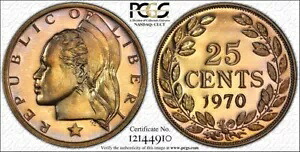 素晴らしいジェム リベリア 25C 1970 PCGS PR66 美しいトーンの非常に希少なミント クォーター|WORLD RESOURCE【KING店】