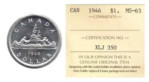 1946 ドル 1 ドル カナダ王立造幣局銀貨 ICCS グレード MS-63｜WORLD RESOURCE【KING店】