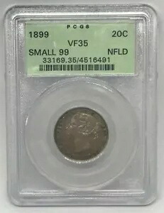 カナダの 1899 年ニューファンドランド 20 セント、PCGS VF-35 でグレーディング、スモール 99｜WORLD RESOURCE【KING店】
