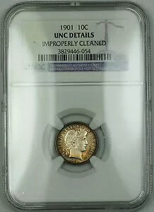 1901 バーバー シルバー ダイム NGC UNC 詳細が不適切な Clnd (選択コイン) トーン RF