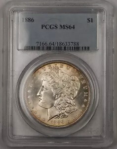 1886 US モルガン シルバー ダラー コイン $1 PCGS MS-64 ライトトーン (良好) Br6 I
