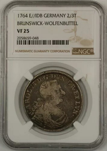 1764 E/IDB ドイツ 2/3 ターラー ブランズウィック ヴォルフェンブッテル銀貨 NGC VF-25
