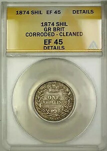 1873 ダイ 8 G. ブリテン シリング銀貨 ANACS EF-45 詳細洗浄済み、腐食あり