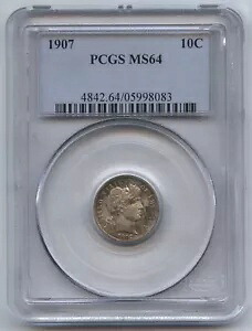 1907 シルバー バーバー ダイム PCGS MS 64 認定 - トーニング トーン - フィラデルフィア AX55｜WORLD RESOURCE【KING店】