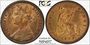 イギリス ビクトリア 1877 ペニー、未流通品、認定 PCGS MS63-RB｜WORLD RESOURCE【KING店】