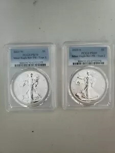 2021 W&S リバース プルーフ シルバー イーグルス (21XJ)、PCGS PF70ER PF69ER、2 コイン セット