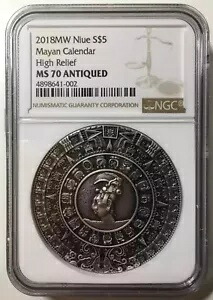 NGC MS70 ニウエ 2018 マヤ カレンダー ハイレリーフ シルバー コイン 2オンス COA