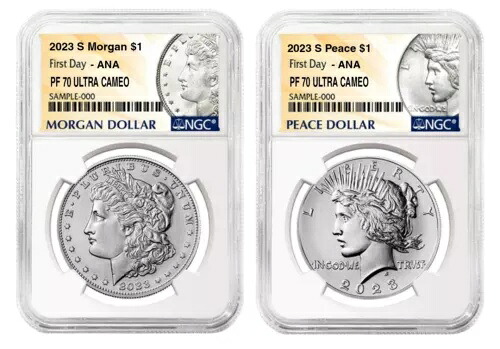 2023 S MORGAN & PEACE シルバー $1 NGC PF70UC セット ANA ショー初日発売！直接投資