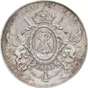 1867-Mo メキシコ第 2 帝国マキシミリアーノ I シルバー ペソ KM388.1 PCGS XF 詳細