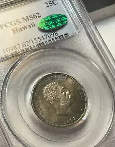 1883 25C ハワイ MS62 *PCGS Lt ブルー ホルダー* ミント ステート トナー & CAC 認定!