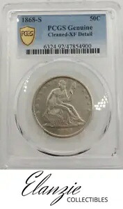 1868 S シーテッド リバティ ハーフダラー PCGS XF 詳細、新しいスラブ、ゴールド シールド