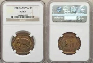 1943 年 2 フラン真鍮六角形コイン ベルギー コンゴ象移動左 MS 63