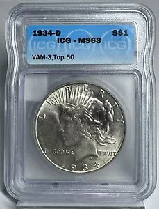 1934-D ピース シルバー ダラー トップ-50 VAM-3 ICG MS63 トーン