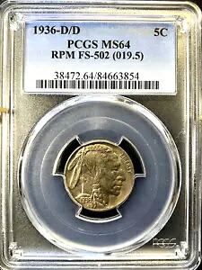 ビッグワン！ 1936-D/D バッファロー ニッケル RPM FS-502 ニア GEM MS64 PCGS 再パンチング