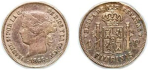フィリピン 1866 1 ペソ ゴールド 875 VF