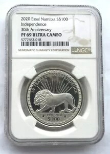 ナミビア 2020 ライオン 100 ドル エスサイ NGC PF69 銀貨、プルーフ、希少!