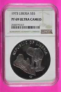 トップ ポップ 1973 PF 69 リベリア $5 象銀貨 NGC 認定グレード スラブ 510