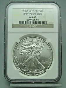 2008-W アメリカン シルバー イーグル 2007 NGC MS 69 のリバース