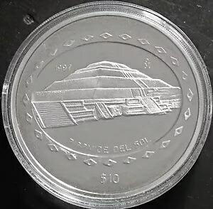 送料無料 メキシコ 1997 $10 サンピラミッド 5 オンス 0.999 銀貨、画像を参照してください。