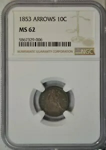 1853年 シーテッドダイム、アローズ、NGC MS62..........タイプコインカンパニー