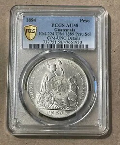 グアテマラ - 1894 C/M ラージ シルバー ペソ (PCGS AU 58)