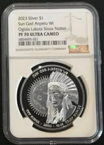 2023 スー ネイション $1 サン ゴッド アンペトゥ 1 オンス .999 シルバー コイン - NGC PF 70!画像