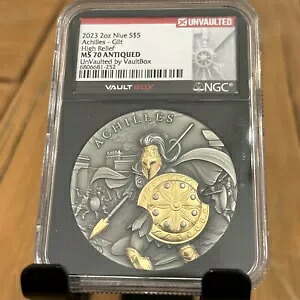 2023 アキレス ギルト 2 オンス ハイレリーフ シルバー アンティーク NGC MS70 アンティーク ボールトボックス