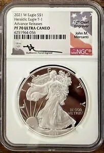 2021-W 先行リリース $1 紋章シルバー イーグル T-1 NGC PF 70 UC サイン Mercanti