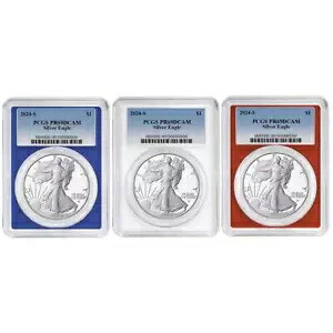 2024-S プルーフ $1 アメリカン シルバー イーグル 3 本セット PCGS PR69DCAM ブルー ラベル レッド ホワイト...