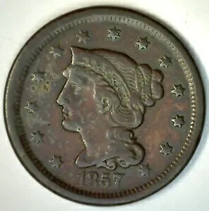 1857 編み込みヘア 米国ラージ セント コイン 1c 流通極細スモール デイト ペニー