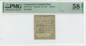 1777 年 10 月 11 日 5 ペンス コネチカット植民地 CT-217 PMG AU58 EPQ