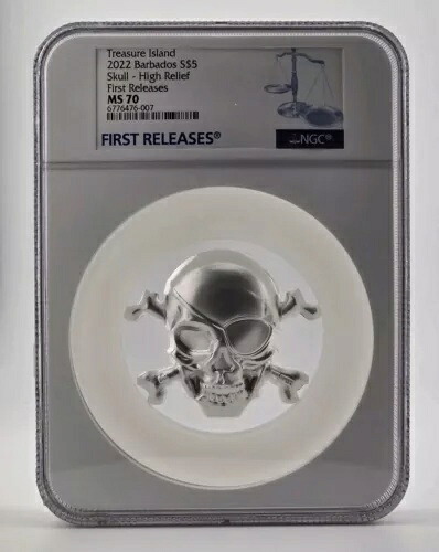 2022 バルバドス トレジャー アイランド $5 ハイレリーフ スカル 5オンス .999 シルバー NGC MS70 FR|WORLD RESOURCE【KING店】