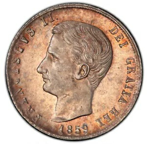 イタリア、ナポリ シチリア 1859 20 グラナ PCGS MS 62、ダスティ・ラセットの表面！