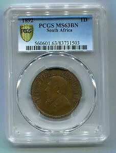 南アフリカ ZAR PCGS グレードの 1892 クルーガー ペニー MS 63 BN このグレードでは希少です