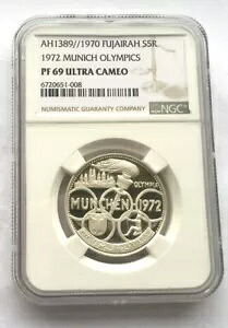 フジャイラ 1970 ミュンヘンオリンピック 5 リヤル NGC PF69 銀貨、プルーフ