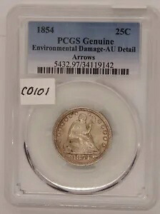 1854年着席リバティ25c、矢印付き、AUディテール、PCGS、C101