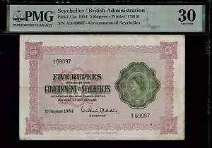 セイシェル 5 ルピー 1954 PMG 30 P# 11a 英??国政府 女王エリザベス 2 世