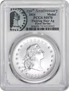 2024 年 230 周年記念流れる髪 Ag シルバーメダル MS70 FS PCGS Anniv ラベル