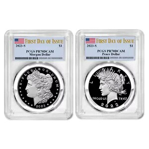 2023-S プルーフ $1 モーガンとピース シルバー ダラー 2 個セット PCGS PR70DCAM FDOI フラ...