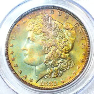 1881-S PCGS MS64 モーガン $ 美しく鮮やかなカラフルなレインボー調色