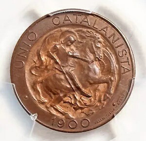 1900年、スペイン、アルフォンソ12世。銅製 5 センティモス「カタルーニャ連合」コイン。 PCGS MS-63 BN!